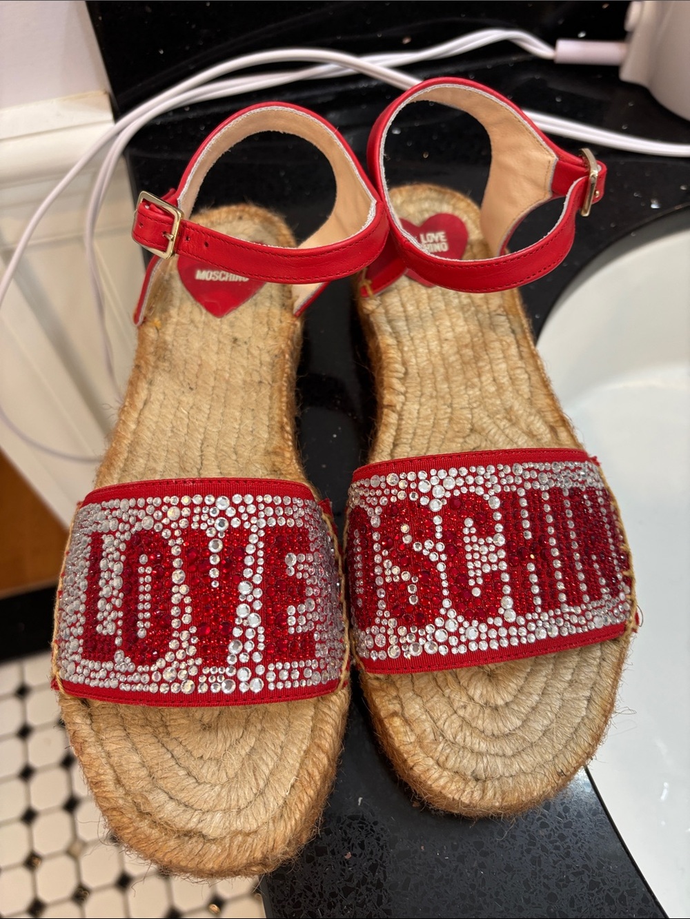 NWOT Love Moschino Red Crystal 'LOVE MOSCHINO' Espadrille Sandals